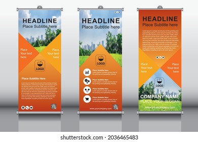 Banner roll-up design, business concept. Graphic template roll-up for exhibitions, banner for seminar, layout for placement of photos. Universal stand for conference, promo banner vector background.