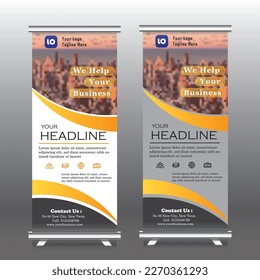 Banner roll-up design, business concept. Graphic template roll-up for exhibitions, banner for seminar, layout for placement of photos. Universal stand for conference, 