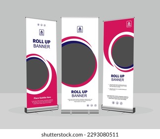 Banner roll-up design, business concept. Graphic template roll-up for exhibitions, banner for seminar, layout for placement of photos. Universal stand for conference. flyer roll up design business.