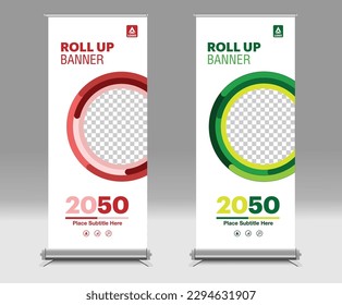 Banner roll-up design, business concept. Graphic template roll-up for exhibitions, banner for seminar, layout for placement of photos. Universal stand for conference, promo banner vector background. 