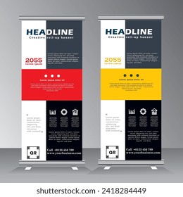 Banner roll-up design, business concept. Graphic template roll-up for exhibitions, banner for seminar, layout with square, Universal stand for conference, promo banner vector background.