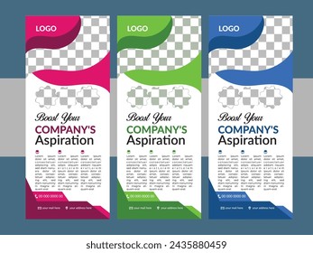 Banner roll-up design, business concept. Graphic template roll-up for exhibitions, banner for seminar, layout for placement of photos. Universal stand for conference, promo banner vector background.