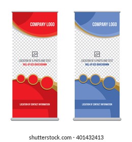 Banner roll-up design, business concept. Graphic template roll-up for 
exhibitions, banner for seminar, layout for placement of photos.
Universal stand for conference, promo banner vector background.