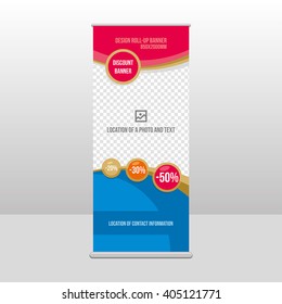 Banner roll-up design, business concept. Graphic template roll-up for 
exhibitions, banner for seminar, layout for placement of photos.
Universal stand for conference, promo banner vector background.