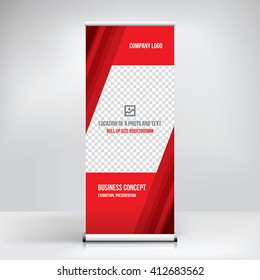 Banner roll-up design, business concept. Graphic template roll-up for 
exhibitions, banner for seminar, layout for placement of photos.
Universal stand for conference, promo banner vector background.