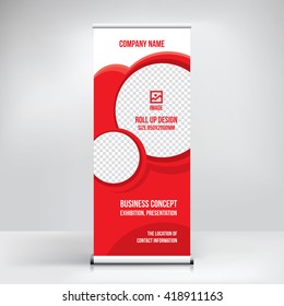 Banner roll-up design, business concept. Graphic template roll-up for 
exhibitions, banner for seminar, layout for placement of photos.
Universal stand for conference, promo banner vector background.