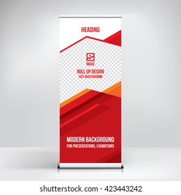 Banner roll-up design, business concept. Graphic template roll-up for 
exhibitions, banner for seminar, layout for placement of photos.
Universal stand for conference, promo banner vector background.