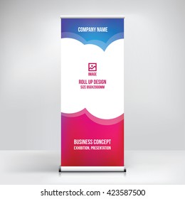 Banner roll-up design, business concept. Graphic template roll-up for 
exhibitions, banner for seminar, layout for placement of photos.
Universal stand for conference, promo banner vector background.