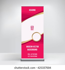 Banner roll-up design, business concept. Graphic template roll-up for 
exhibitions, banner for seminar, layout for placement of photos.
Universal stand for conference, promo banner vector background.