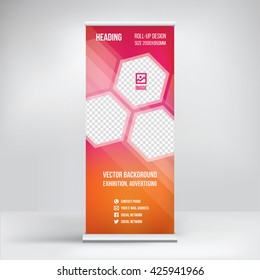 Banner roll-up design, business concept. Graphic template roll-up for 
exhibitions, banner for seminar, layout for placement of photos.
Universal stand for conference, promo banner vector background.