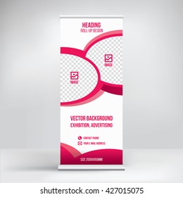 Banner roll-up design, business concept. Graphic template roll-up for 
exhibitions, banner for seminar, layout for placement of photos.
Universal stand for conference, promo banner vector background.