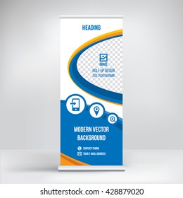 Banner roll-up design, business concept. Graphic template roll-up for 
exhibitions, banner for seminar, layout for placement of photos.
Universal stand for conference, promo banner vector background.