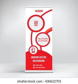 Banner roll-up design, business concept. Graphic template roll-up for 
exhibitions, banner for seminar, layout for placement of photos.
Universal stand for conference, promo banner vector background.