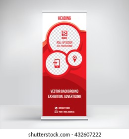 Banner roll-up design, business concept. Graphic template roll-up for 
exhibitions, banner for seminar, layout for placement of photos.
Universal stand for conference, promo banner vector background.