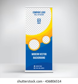 Banner roll-up design, business concept. Graphic template roll-up for 
exhibitions, banner for seminar, layout for placement of photos.
Universal stand for conference, promo banner vector background.