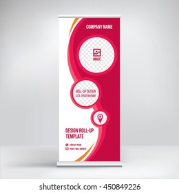 Banner roll-up design, business concept. Graphic template roll-up for 
exhibitions, banner for seminar, layout for placement of photos.
Universal stand for conference, promo banner vector background.