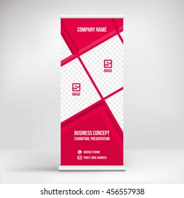 Banner roll-up design, business concept. Graphic template roll-up for 
exhibitions, banner for seminar, layout for placement of photos.
Universal stand for conference, promo banner vector background.