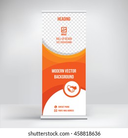 Banner roll-up design, business concept. Graphic template roll-up for 
exhibitions, banner for seminar, layout for placement of photos.
Universal stand for conference, promo banner vector background.