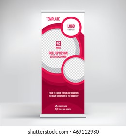 Banner roll-up design, business concept. Graphic template roll-up for 
exhibitions, banner for seminar, layout for placement of photos.
Universal stand for conference, promo banner vector background.