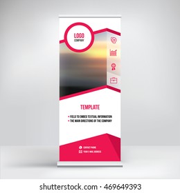Banner roll-up design, business concept. Graphic template roll-up for 
exhibitions, banner for seminar, layout for placement of photos.
Universal stand for conference, promo banner vector background.