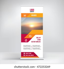 Banner roll-up design, business concept. Graphic template roll-up for 
exhibitions, banner for seminar, layout for placement of photos.
Universal stand for conference, promo banner vector background.