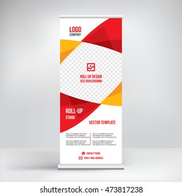 Banner roll-up design, business concept. Graphic template roll-up for 
exhibitions, banner for seminar, layout for placement of photos.
Universal stand for conference, promo banner vector background.