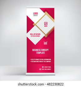 Banner roll-up design, business concept. Graphic template roll-up for 
exhibitions, banner for seminar, layout for placement of photos.
Universal stand for conference, promo banner vector background.