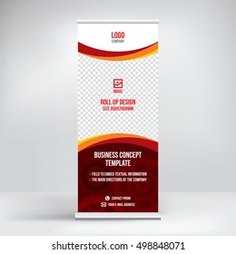 
Banner roll-up design, business concept. Graphic template roll-up for 
exhibitions, banner for seminar, layout for placement of photos.
Universal stand for conference, promo banner vector background.