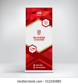 Banner roll-up design, business concept. Graphic template roll-up for 
exhibitions, banner for seminar, layout for placement of photos.
Universal stand for conference, promo banner vector background.