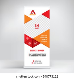 Banner roll-up design, business concept. Graphic template roll-up for 
exhibitions, banner for seminar, layout for placement of photos.
Universal stand for conference, promo banner vector background.