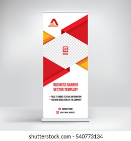 Banner roll-up design, business concept. Graphic template roll-up for 
exhibitions, banner for seminar, layout for placement of photos.
Universal stand for conference, promo banner vector background.