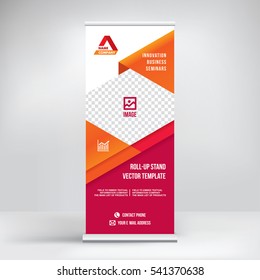 Banner roll-up design, business concept. Graphic template roll-up for 
exhibitions, banner for seminar, layout for placement of photos.
Universal stand for conference, promo banner vector background.