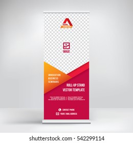 Banner roll-up design, business concept. Graphic template roll-up for 
exhibitions, banner for seminar, layout for placement of photos.
Universal stand for conference, promo banner vector background.