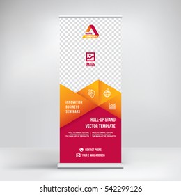 Banner roll-up design, business concept. Graphic template roll-up for 
exhibitions, banner for seminar, layout for placement of photos.
Universal stand for conference, promo banner vector background.