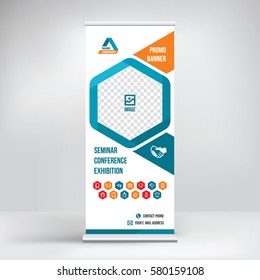 Banner roll-up design, business concept. Graphic template roll-up for 
exhibitions, banner for seminar, layout for placement of photos.
Universal stand for conference, promo banner vector.