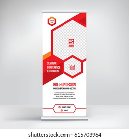 Banner roll-up design, business concept. Graphic template roll-up for 
exhibitions, banner for seminar, layout for placement of photos.
Universal stand for conference, promo banner vector.