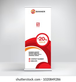 Banner, roll-up design, red graphic template for advertising, business conferences, seminars, layout for photo and text