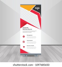 Banner roll-up, stand vector, graphic template for exhibition, conference, accommodation advertising information and photos. Business concept, vector background
