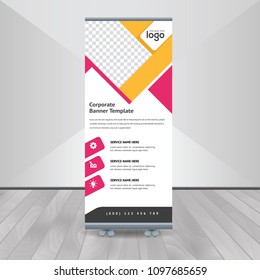 Banner roll-up, stand vector, graphic template for exhibition, conference, accommodation advertising information and photos. Business concept, vector background

