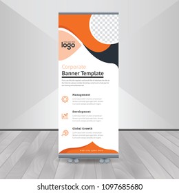 Banner roll-up, stand vector, graphic template for exhibition, conference, accommodation advertising information and photos. Business concept, vector background
