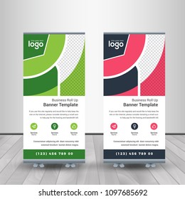 Banner roll-up, stand vector, graphic template for exhibition, conference, accommodation advertising information and photos. Business concept, vector background
