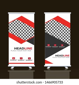 Banner roll-up, stand vector, graphic template for exhibition, conference, accommodation advertising information and photos. Business concept, vector background. Vector.