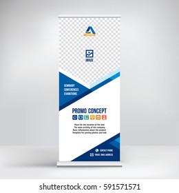 Banner roll-up vector, blue graphic template for the exhibition stand, for the conference, accommodation advertising information and photos. Background vector.