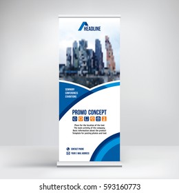 Banner roll-up vector, blue graphic template for the exhibition stand, for the conference, accommodation advertising information and photos. Background vector