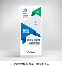 Banner roll-up vector, blue graphic template for the exhibition stand, for the conference, accommodation advertising 

information and photos. Business concept, vector background
