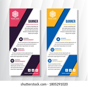 Vector de pancarta, plancha gráfica azul naranja y rosa púrpura para el stand de exposiciones, para la conferencia, información publicitaria de alojamiento y fotos. El vector de fondo utiliza colores blancos.
