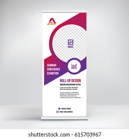 Banner roll-up vector, graphic template for the exhibition stand, for the conference, accommodation advertising information and photos. Business concept, vector background