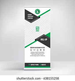 Banner roll-up vector, graphic template for the exhibition stand, for the conference, accommodation advertising information and photos. Business concept, vector background