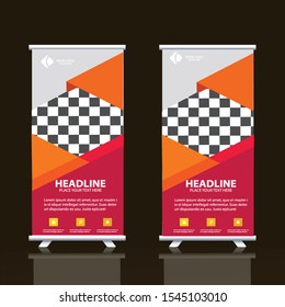 Banner roll-up vector, red graphic template for the exhibition stand, for the conference, accommodation advertising information and photos. Business concept, vector background
