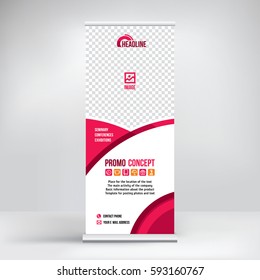 Banner roll-up vector, red graphic template for the exhibition stand, for the conference, accommodation advertising information and photos. Background vector